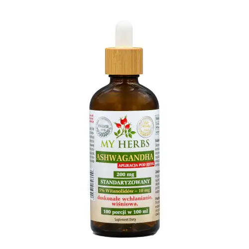Ashwagandha 200 mg, krople, aplikacja pod język, Standaryzowany 200 dawek w 100 ml