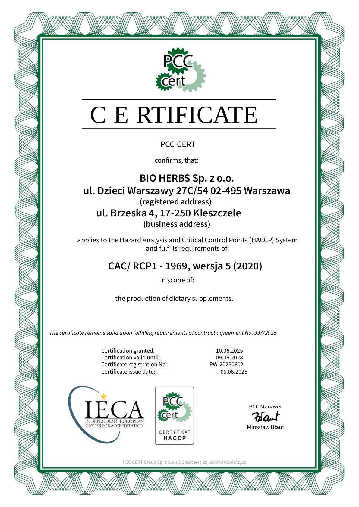 HACCP Certificate ENG